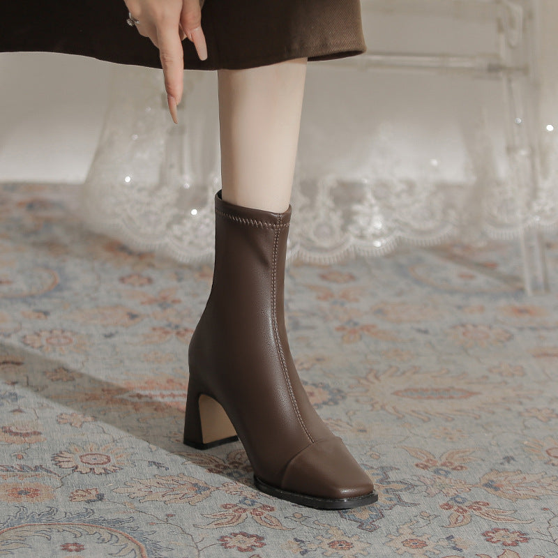 Square Toe Chunky Rear Zipper Martin High Heels