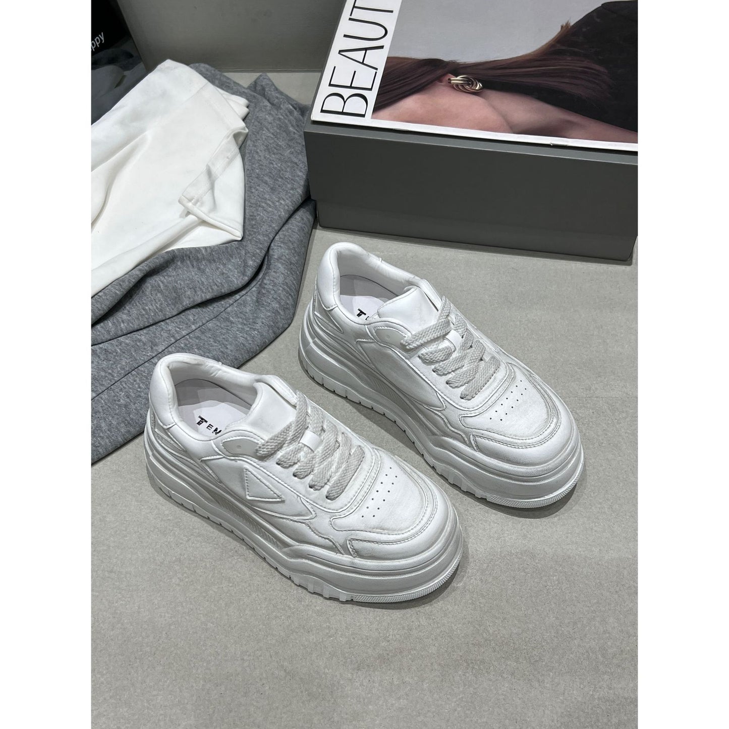 Women's Spring Genuine Polished Platform White Fashion Sneakers