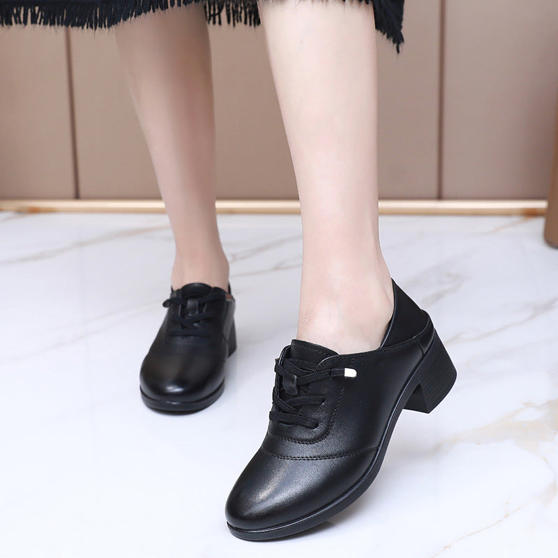 Women's British Style First Layer Cowhide Chunky Slip-on Women's Casual Shoes