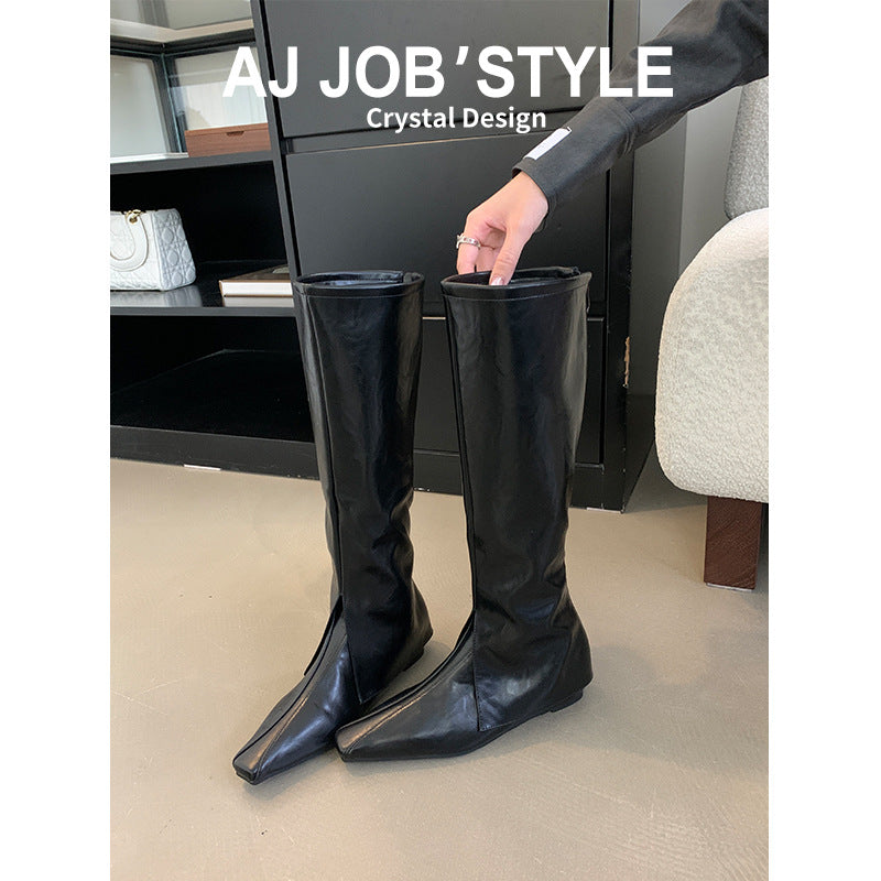 Women's Toe Soft Surface Double Perforating High Below The Knee Thin Women's Leather Boots
