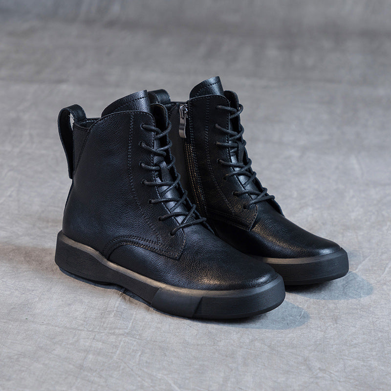 Women's Versatile Cowhide Short British Retro Platform Women's Leather Boots