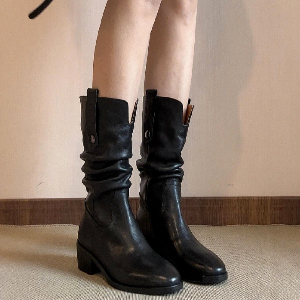 Women's Cowhide Brown Western Cowboy Mid Knight Pile Style Genuine Boots