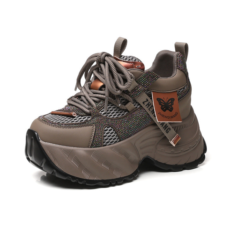 Women's Thick-soled Height Increasing Insole Rhinestone Mesh Surface Clunky Sports Casual Shoes