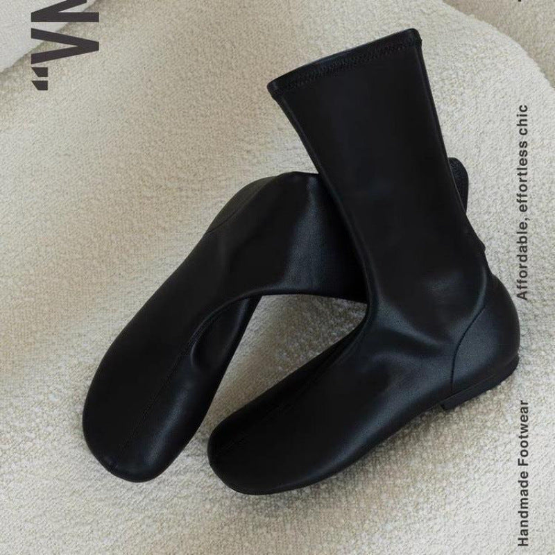 Women's Fashion Square Toe Booties Elastic Pleated Soft Women's Leather Boots