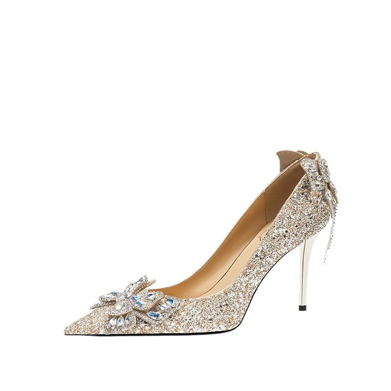 Bridal Pointed Toe Design Sequined Tassel Butterfly Shallow Heels