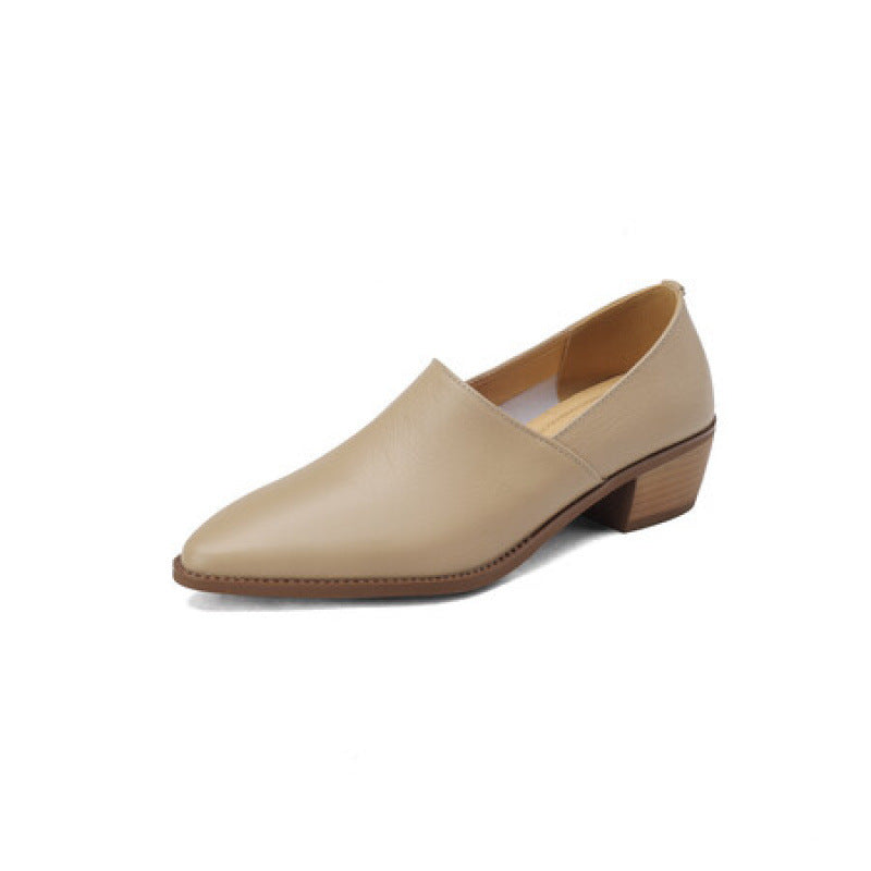 Genuine Handmade Pointed Sheepskin Temperament Deep Mouth Chunky Pumps Female Women's Casual Shoes