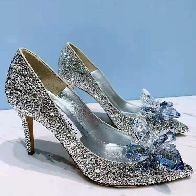 Women's Crystal Pointed Toe Stiletto Sexy Shallow Mouth High Sier Women's Fashion Shoes