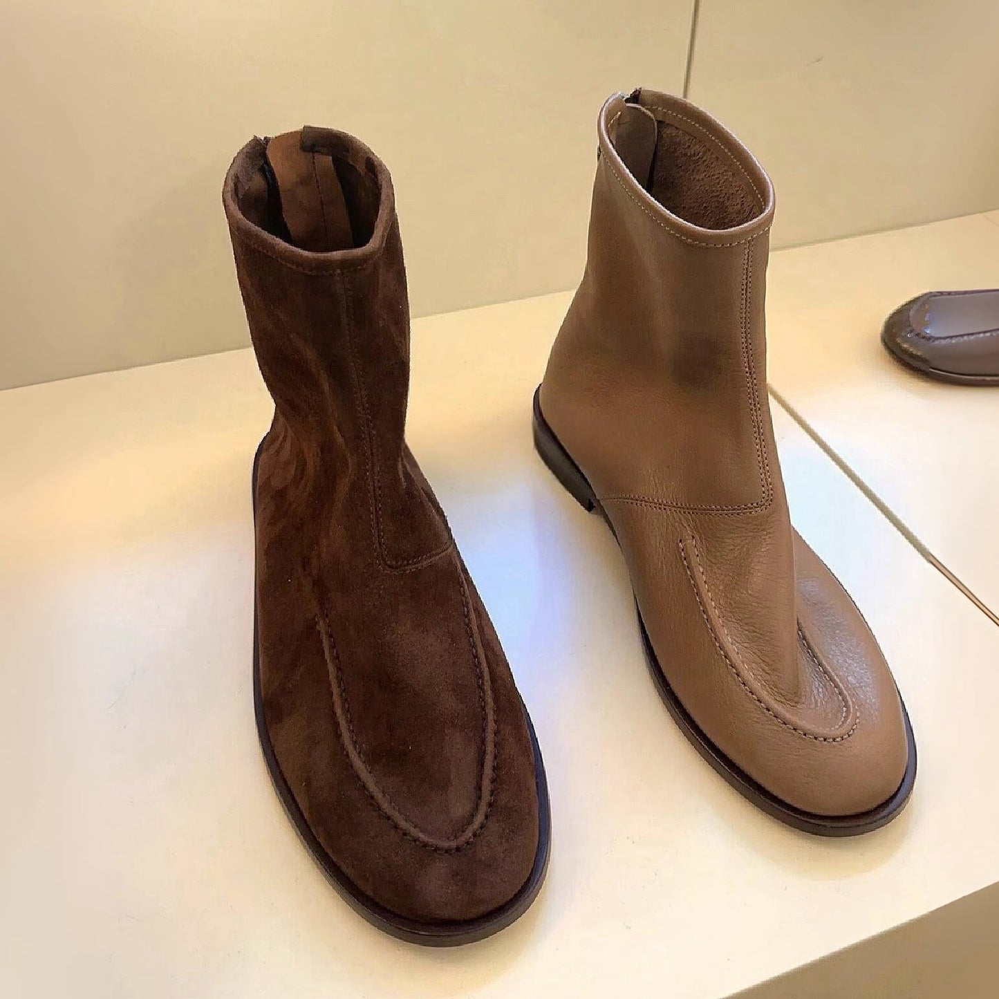 British Style Round Toe Flat Bottom Ankle Genuine Suede Skinny Women's Leather Boots