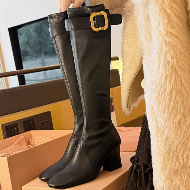 Chunky Zhang Gold Buckle Half Zipper Long Heels