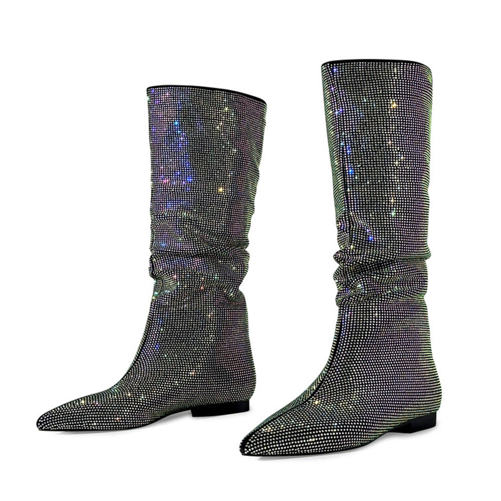 Toe Flat Bottom Rhinestone High Leg Winter Suede Stitching Sleeve Women's Leather Boots