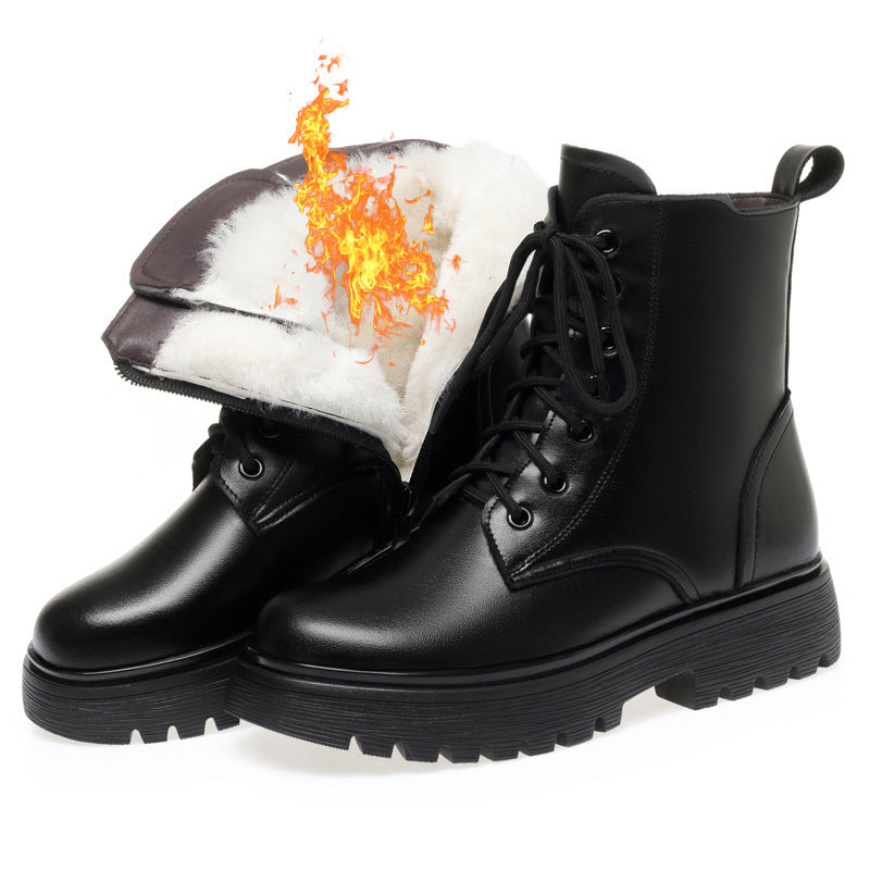 Women's Lined Padded Warm Keeping Northeast Fur Integrated Short Women's Leather Boots