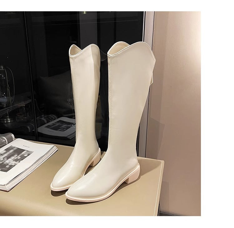 Long V Cut Milk Tea Brown Chunky Female Winter Small Women's Leather Boots