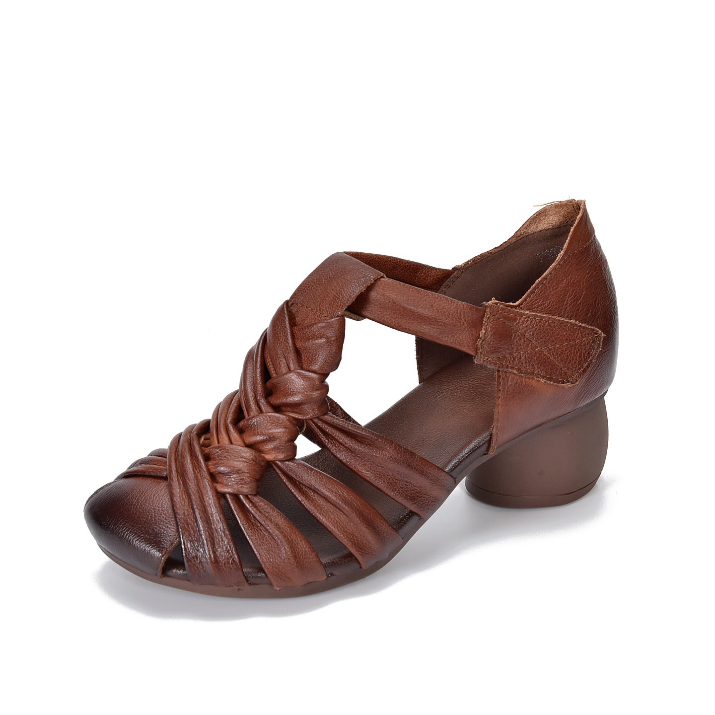 Women's Cowhide Handmade Woven Hollowed Chunky Mid Toe High Heeled Sandals
