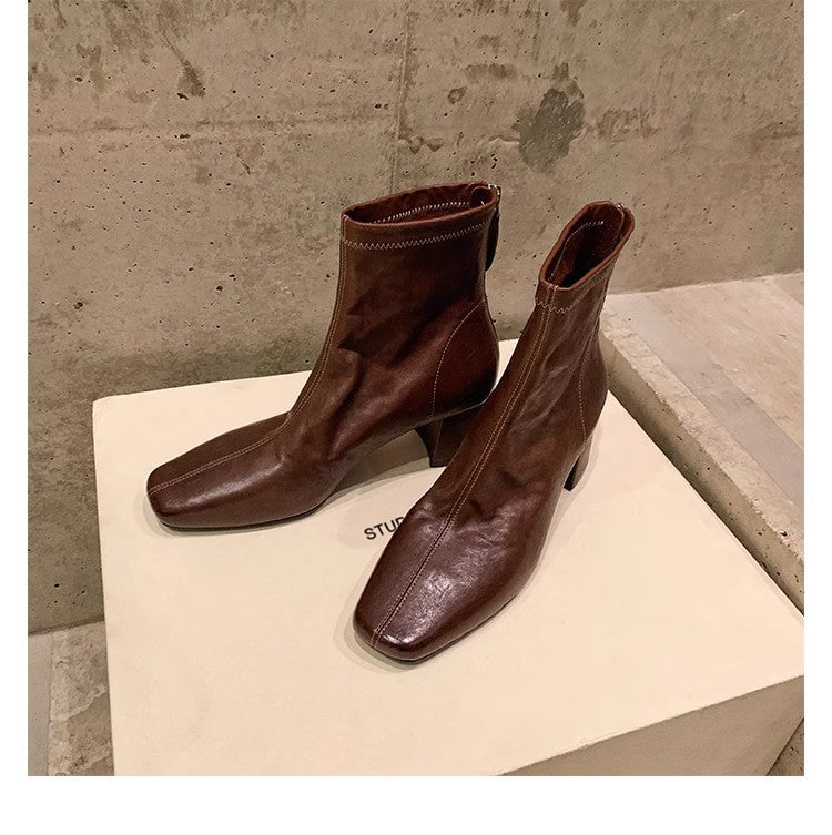Women's French Style Square Toe Distressed Shrink Horse Slimming Chunky Women's Leather Boots