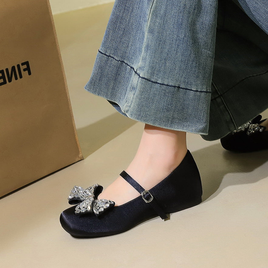 Women's Style Sweet Round Toe Rhinestone Bow Buckle Height Women's Fashion Shoes