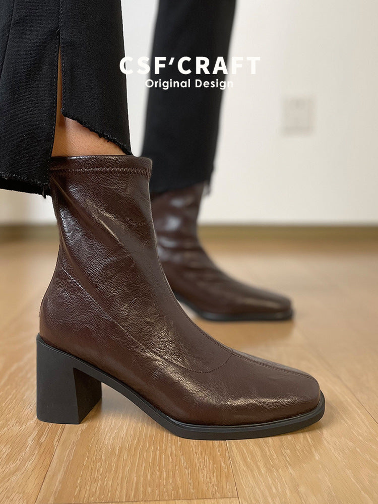 Women's Mute Soft Bottom Stretch Thin Chunky High Short Women's Leather Boots