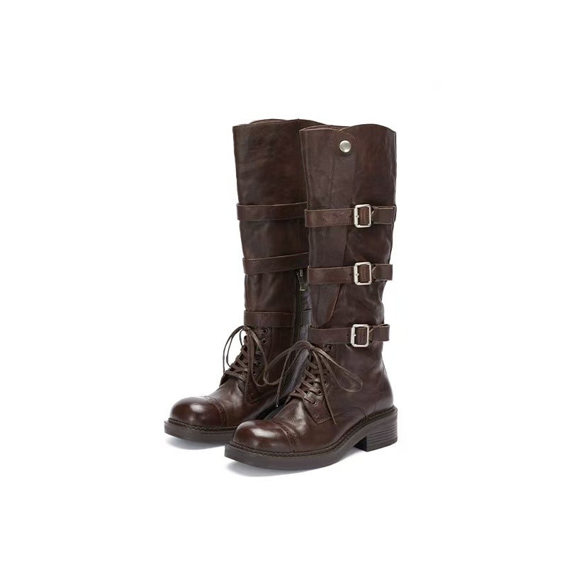 Women's High Motorcycle Genuine Strap Handsome Retro Heels