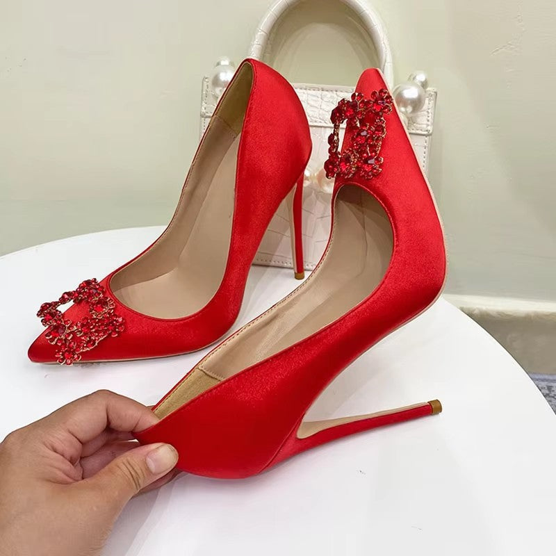 Women's Square Buckle High Pointed Stiletto Low-cut Pumps Red Women's Fashion Shoes