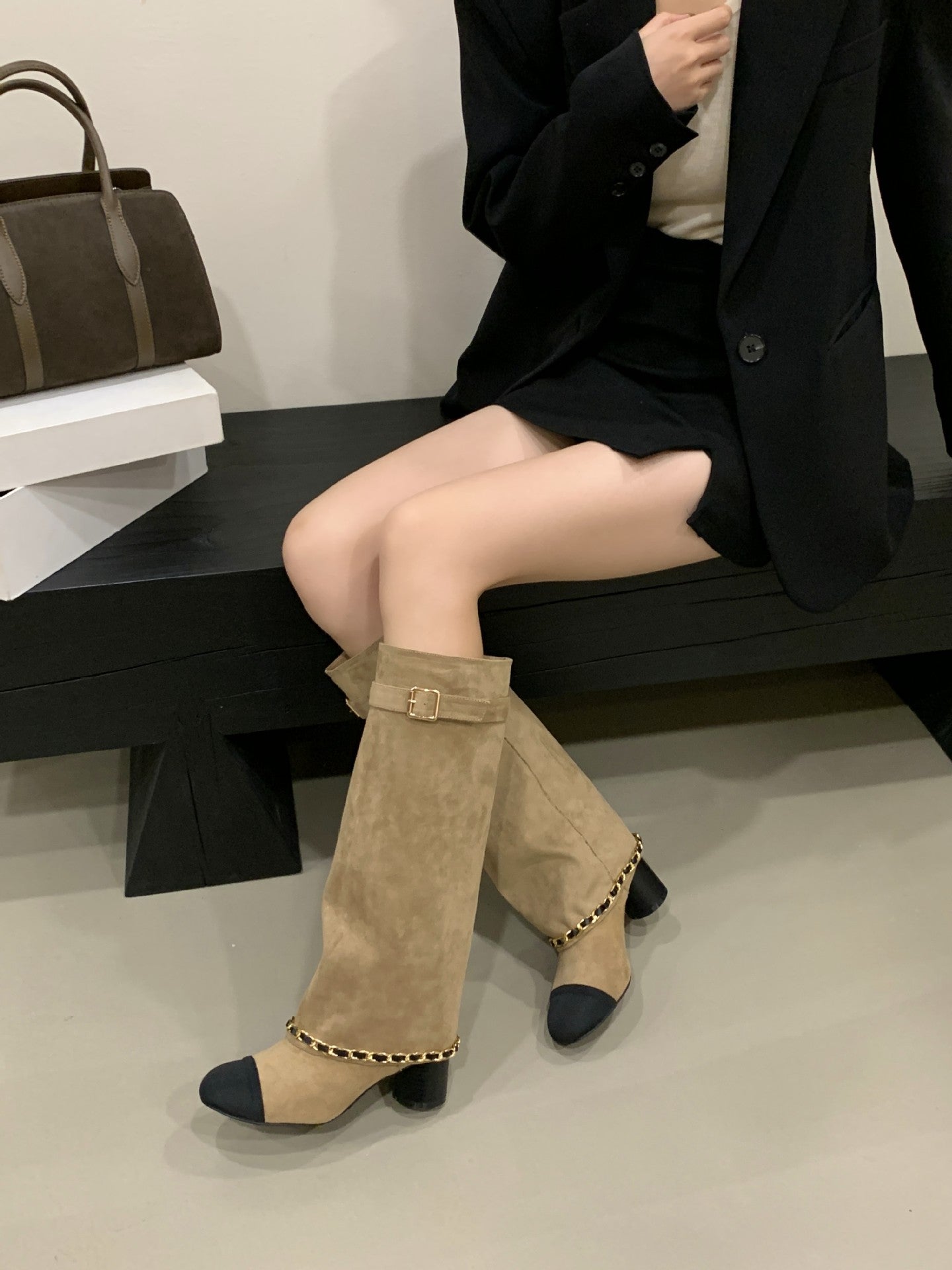 Fashionable Thick Color Matching Chain High Female Women's Leather Boots