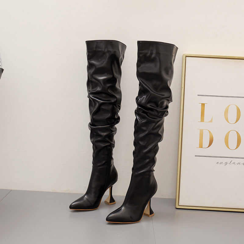 Women's High Knee-high Leg Trimming Slimming Pleated Women's Leather Boots