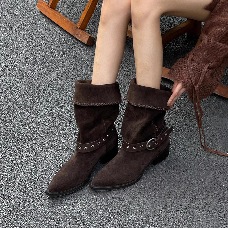 Women's Early Autumn Retro Middle Western Pointed Women's Leather Boots