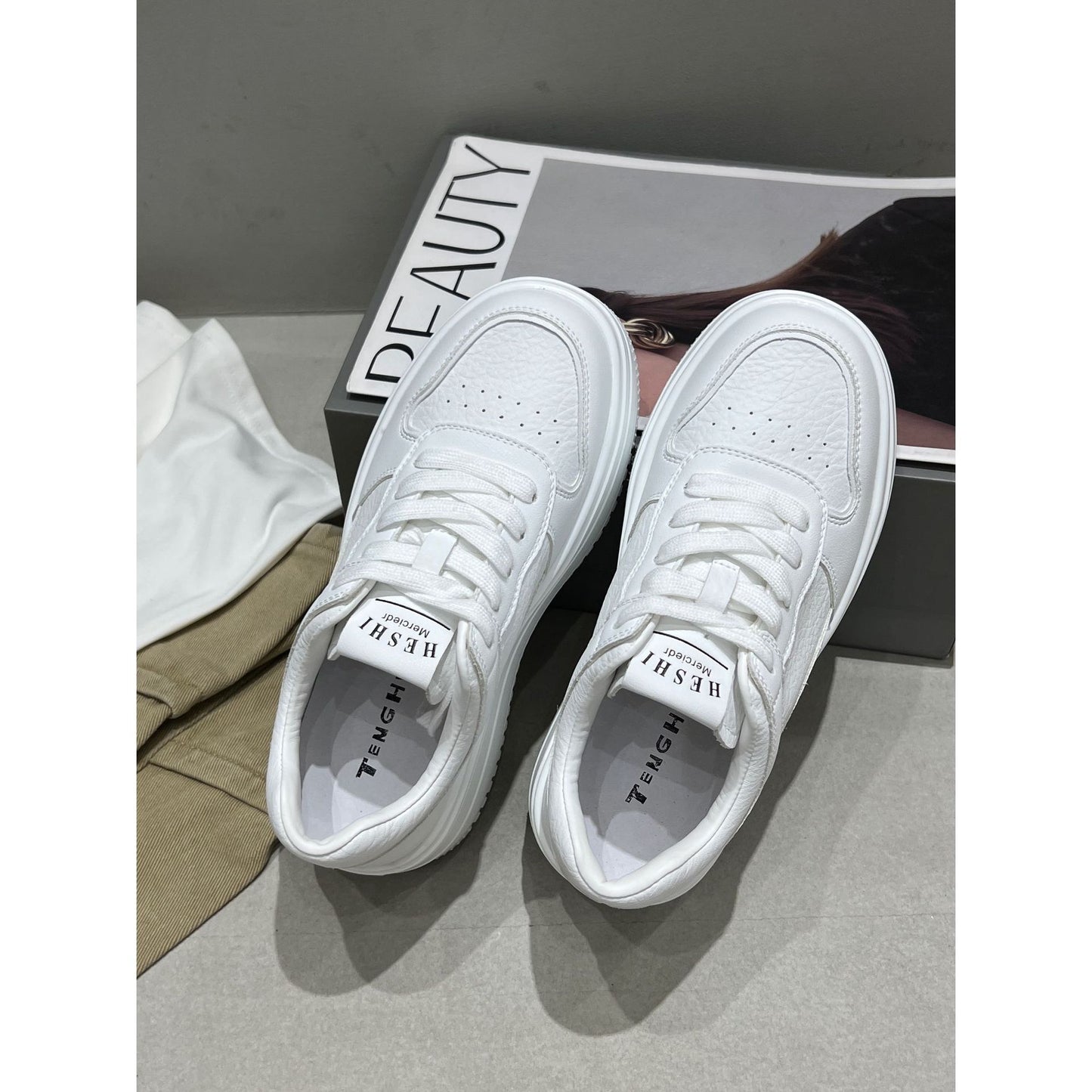 Women's White Spring Genuine Fashion Thick Sole Height Sneakers
