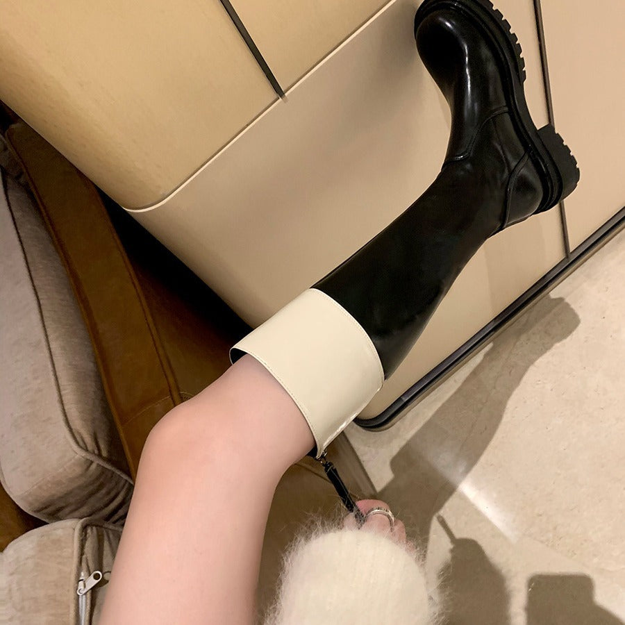 Women's Matching Fashion Round Head Thick Bottom Chunky Women's Leather Boots
