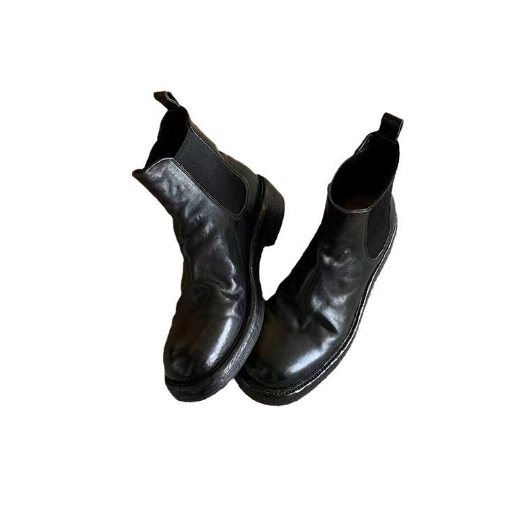 Women's Cowhide Washed Horse Pleated Chunky Platform Smoke Boots