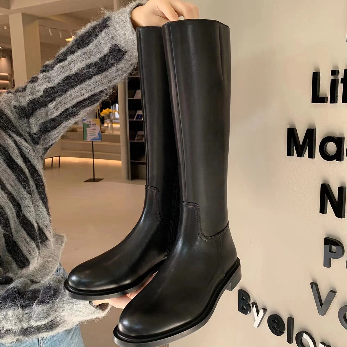 Korean Style Round Head Gold Buckle Chunky Side Zip Boots