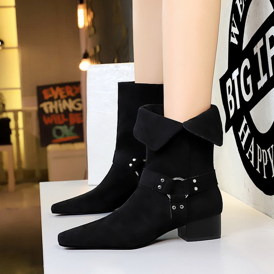 Women's Western Fashion Square Toe Belt Buckle Mid Chunky Suede Thin Women's Leather Boots