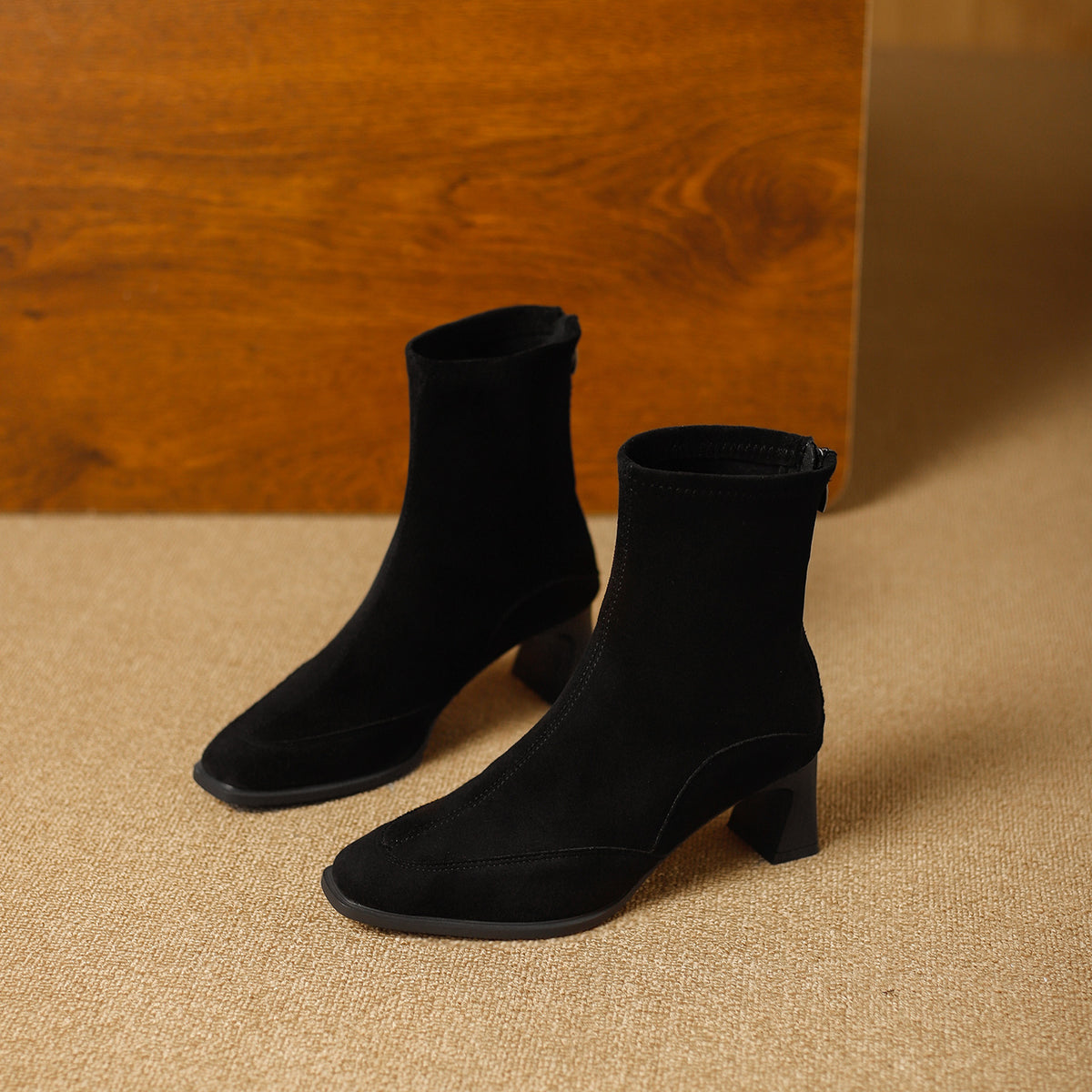 Women's Stretch Thin Suede British Style Square Head Chunky Not Tired Heels