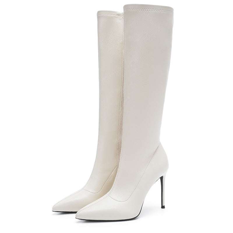 Autumn Below The Knee High-heel Zipper Black Long Pointed Toe Boots