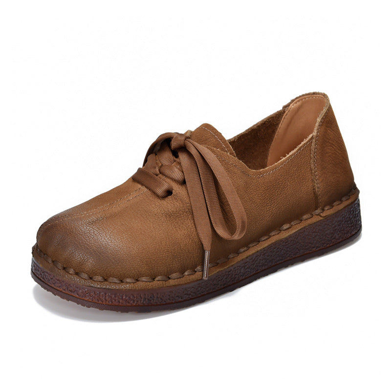 Women's Spring First Layer Cowhide Ethnic Style Retro Lace Up Flat Men's Shoes