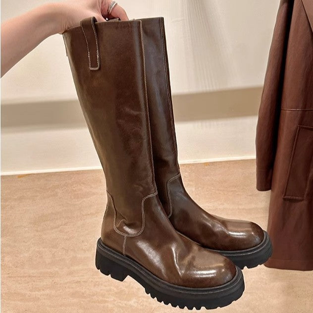 Women's Second Hair Grape Mom Shrink Horse Round Head Thick Bottom Boots