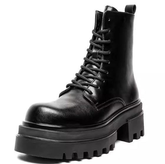 Men's Cowhide Platform Height Increasing Side Zipper British Style High Top Boots