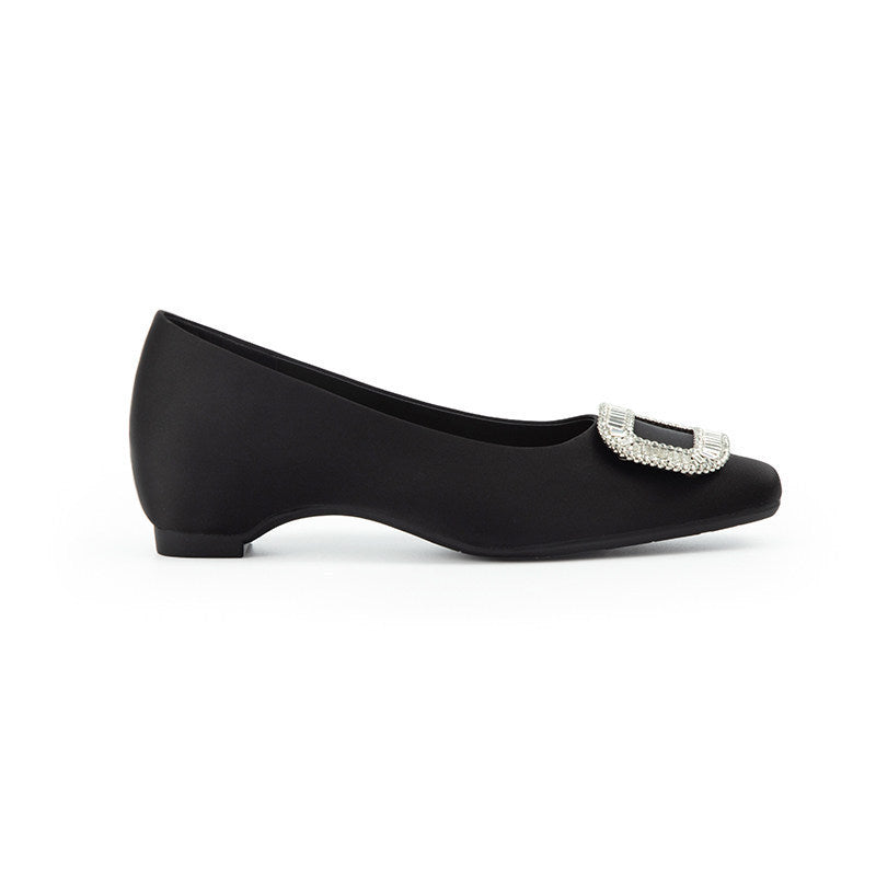 Women's Cowhide Version Rhinestone Square Buckle Toe Satin Shallow Mouth With Heels