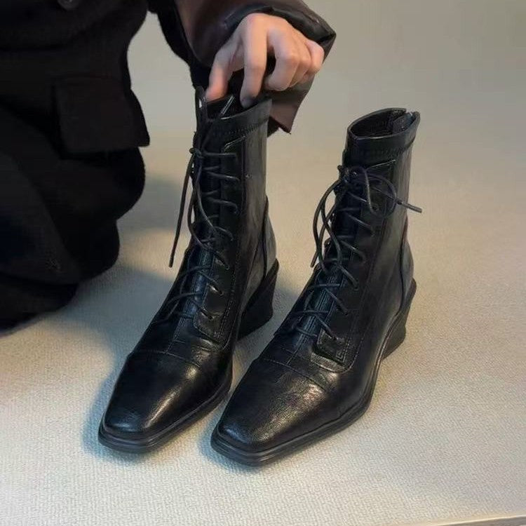 Version Wedge Height Increasing Skinny British Style Martin Female Square Women's Leather Boots
