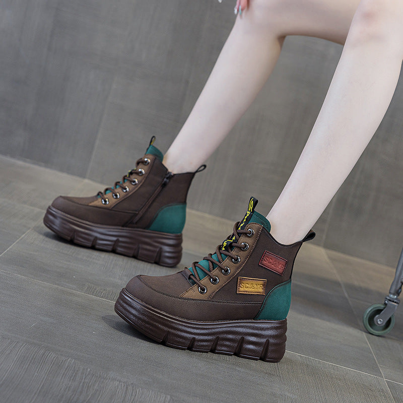 Women's Winter Fashion Small Height Increasing Retro Ankle Women's Leather Boots