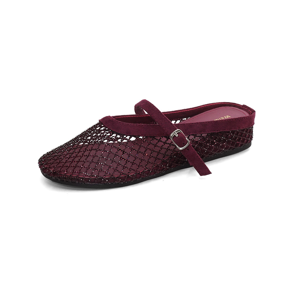 Women's Increasing Insole Rhinestone Mesh Flat Strap Mary Sandals