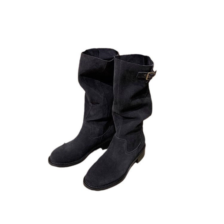 Women's Cowhide Pointed Round Head Genuine Buckled Chunky Thigh Heels