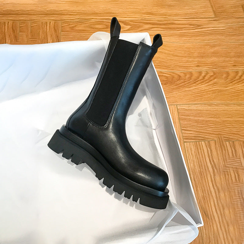 Women's Middle Platform Martin Smoke Pipe British Style Women's Leather Boots