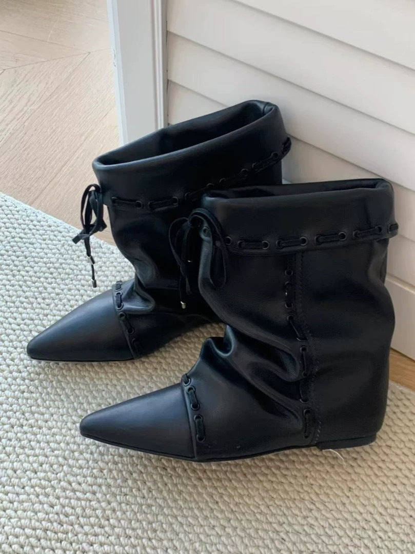Sheepskin Version Korean Style Niche Suede Pointed Inner Height Increasing Women's Leather Boots