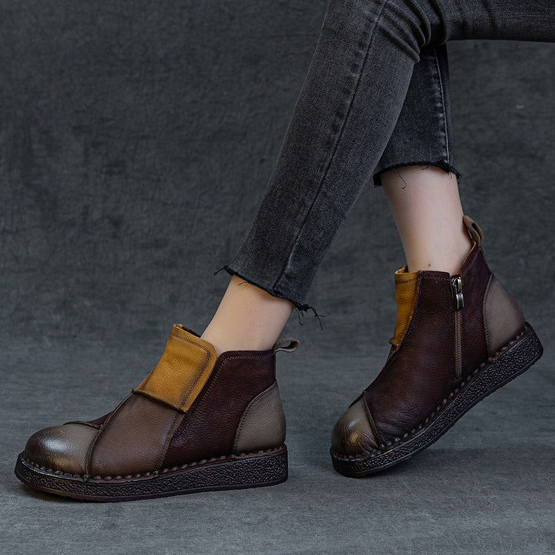 Women's Layer Cowhide Veet Warm Retro Contrast Color Short Tube Flat Boots