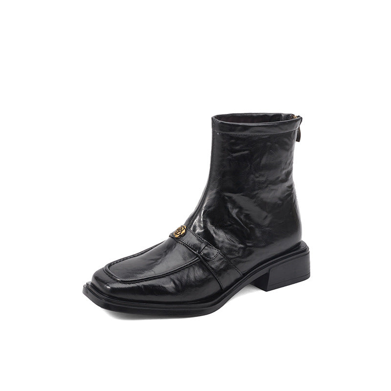 Women's Camellia Cowhide Mid Martin Black Chunky Women's Leather Boots