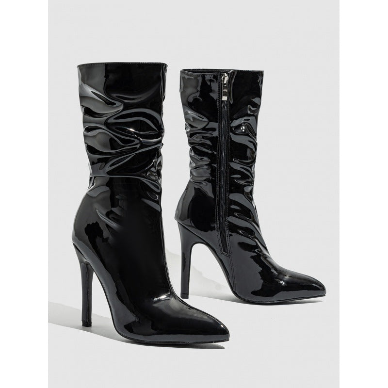 Stiletto Pile Style Patent Nude Short Women's Leather Boots