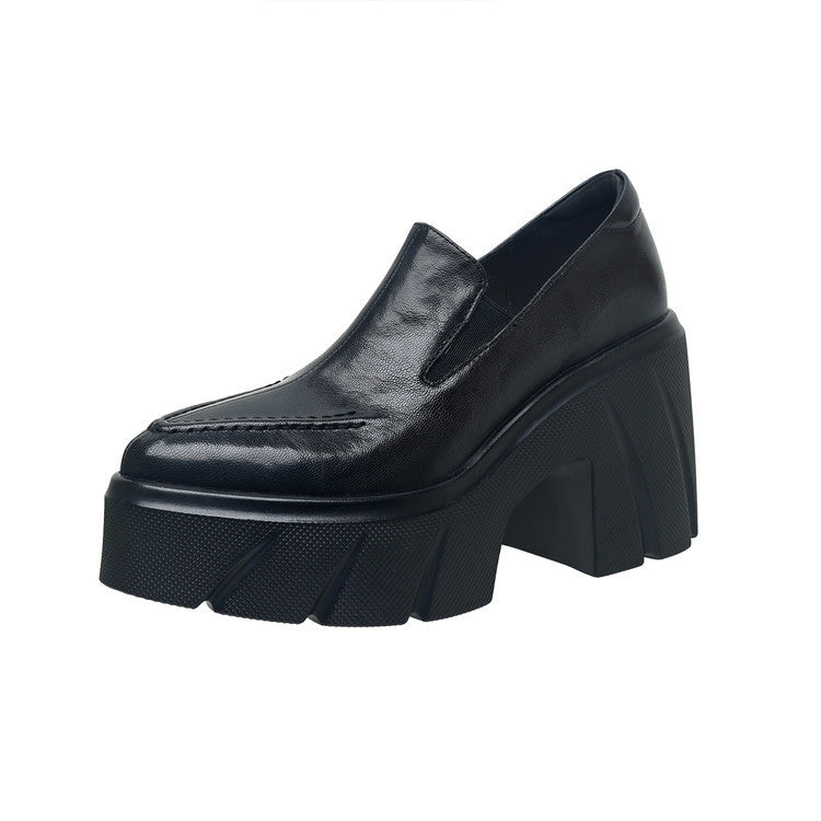 Women's Pointed Toe Platform Genuine Spring Waterproof Thick High British Leather Shoes