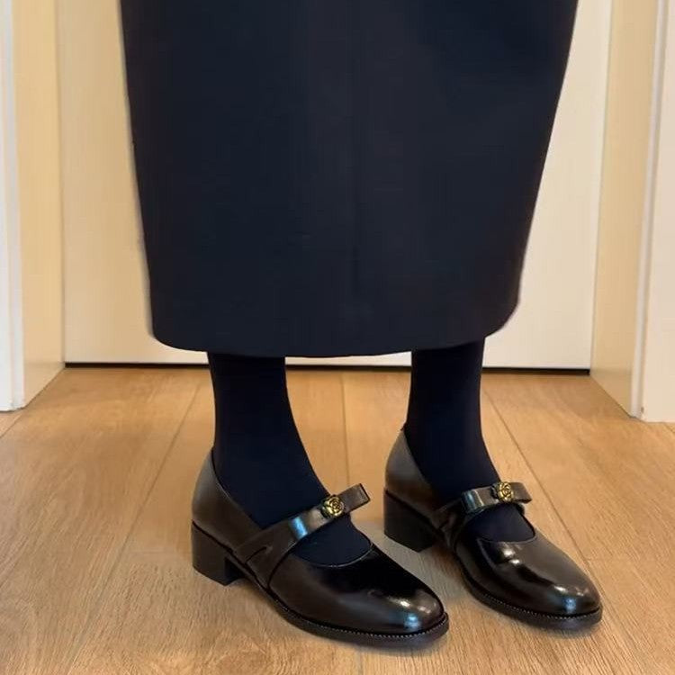 Women's Retro Commuter Bow Camellia Shallow Mouth Pumps Chunky Genuine Mary Women's Fashion Shoes