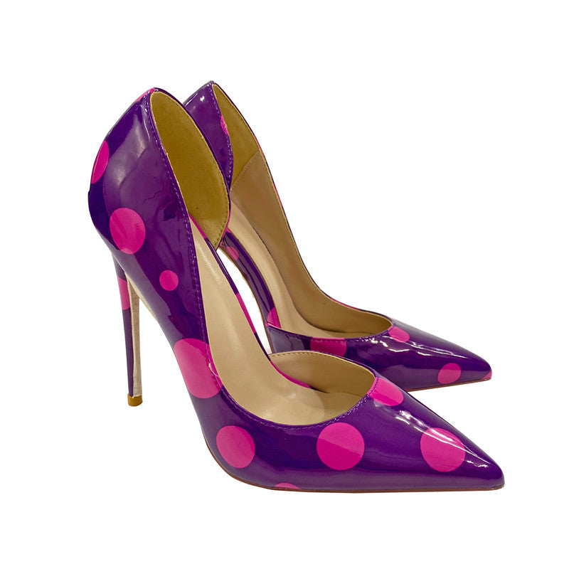 Purple Polka Dot Side Empty High Pointed Toe Stiletto Women's Fashion Shoes