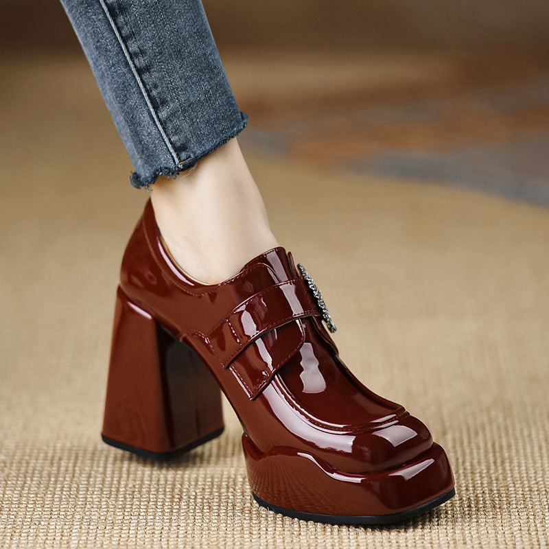 Women's British Style Vintage Patent Chunky Pumps Spring Women's Fashion Shoes