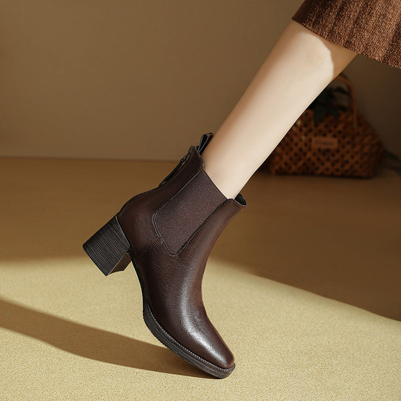 Women's High Winter Chunky Brown Mid Fashion Square Boots